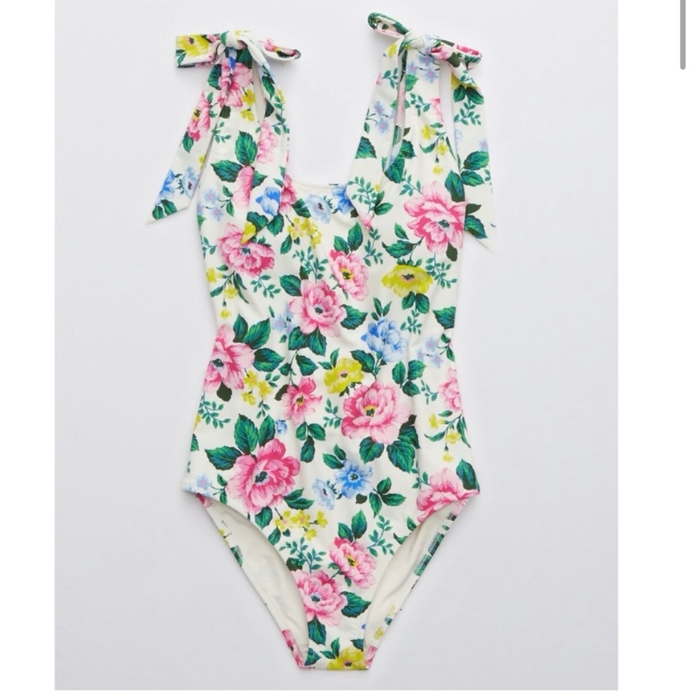 Aerie one piece floral tie strap bathing suit